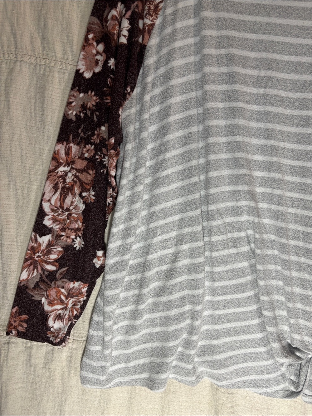 Gray Striped Long-Sleeve Raglan Tee with Brown Floral Sleeves - Picture 8 of 16